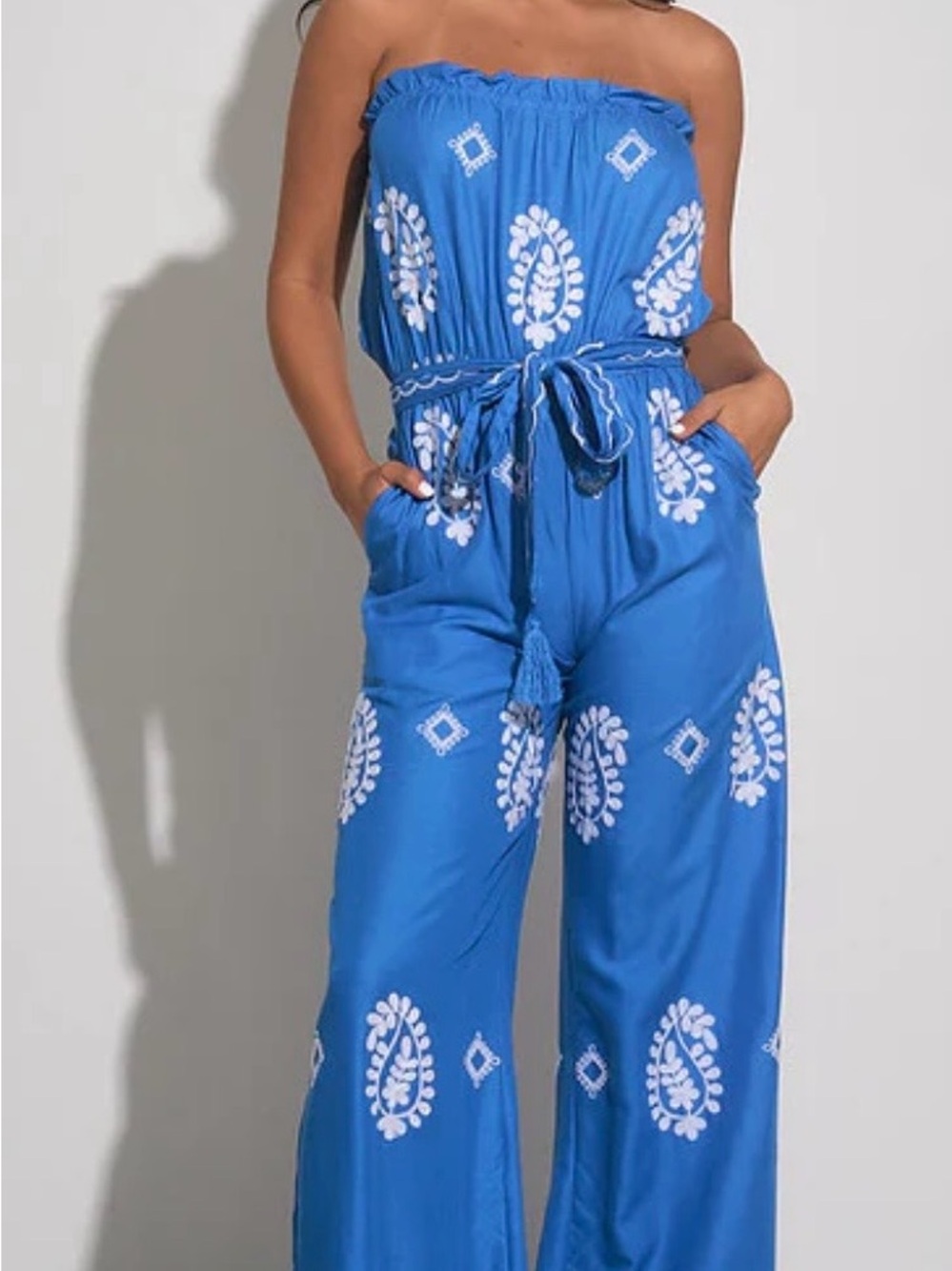 Cato Blue Strapless Printed Jumpsuit with Tie Belt